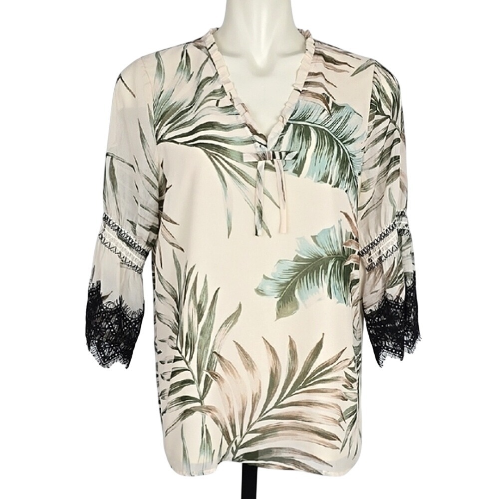 Karl Lagerfeld Paris Women's Tropical Palm Print Lace Bell Sleeve Top Medium
